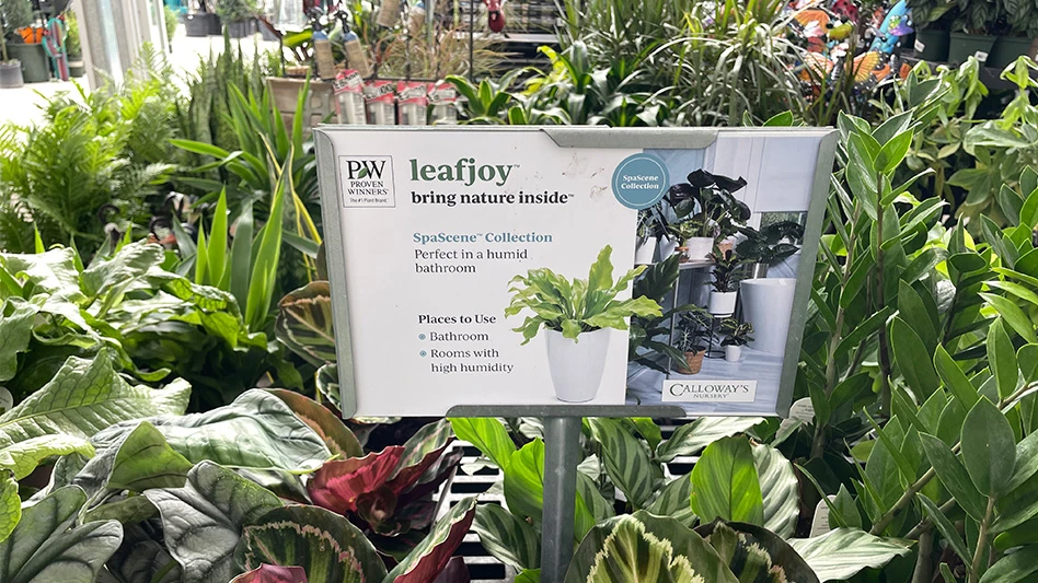 A white sign sits in the middle of multiple green houseplants. The sign says Proven Winners leafjoy bring nature inside. SpaScene Collection Perfect in a humid bathroom. Places to use: bathroom, rooms with high humidity, Calloway's Nursery. The sign also has photos of houseplants in a bathroom.