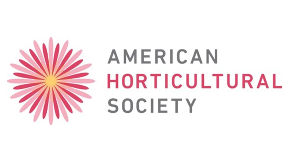 A logo with text that reads American Horticultural Society. American and society are in gray capital letters, and horticultural is in pink capital letters. To the left of the text is a graphic of a flower with light pink and dark pink petals and a yellow center.