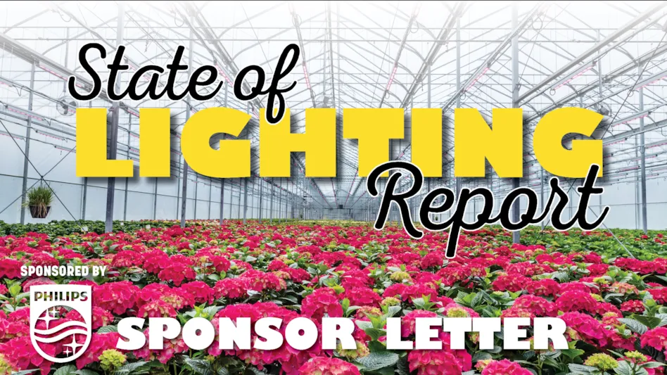 A graphic reads State of Lighting Report Sponsored by Philips Sponsor Letter. In the background is a photo of a greenhouse with hot pink flowers.
