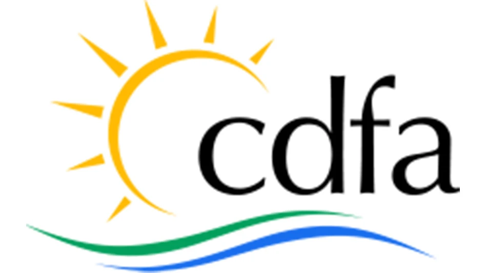 A logo shows black lowercase letters cdfa, with two squiggle lines of green and blue underneath. The outline of a yellow sun is to the left.