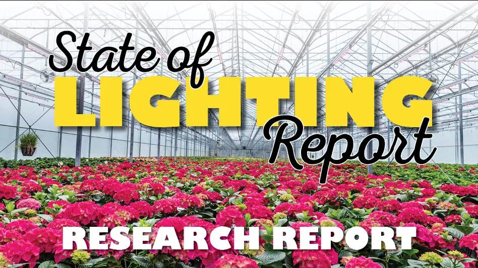 A graphic reads State of Lighting Report Research Report. A photo of a greenhouse with hot pink flowers is behind the text.