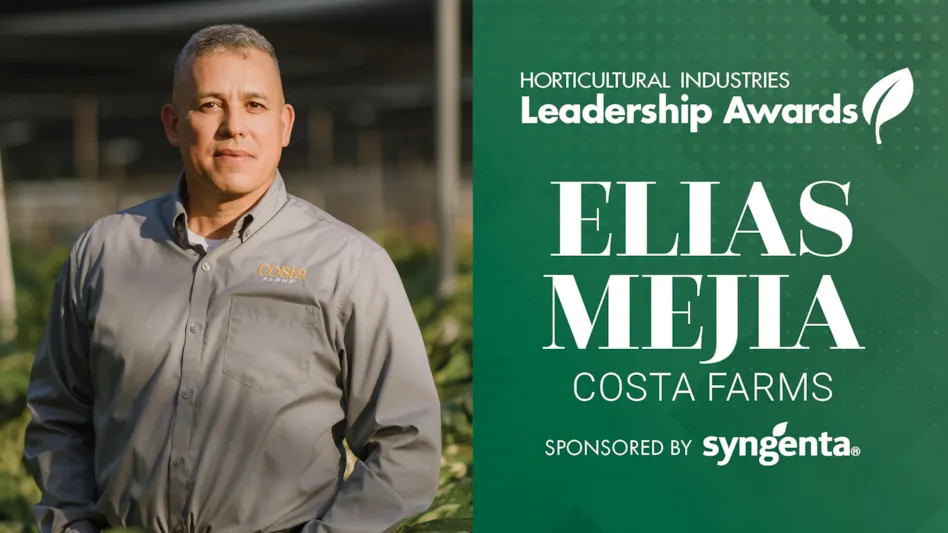 A graphic with a green background and white letters reads Horticultural Industries Leadership Awards Elias Mejia Costa Farms Sponsored by Syngenta. To the left is a photo of a man with short gray hair wearing a gray button-up long-sleeve shirt that says Costa Farms.