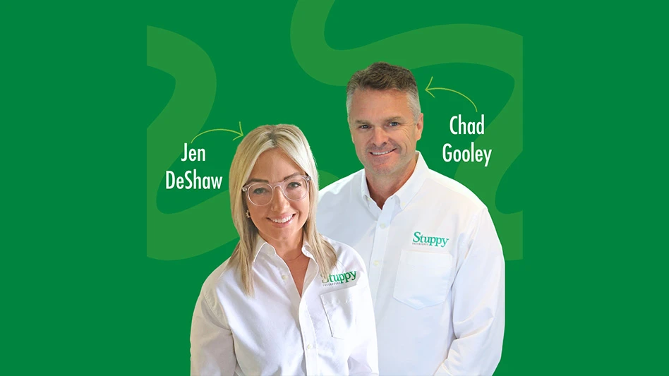 A graphic with a green background and cutouts of two people: a smiling woman with shoulder-length blonde hair and glasses, and a smiling man with short dark gray hair. Both wear white button-up long-sleeve shirts with Stuppy written in green over the chest pocket. White text on the graphic identifies them as Jen DeShaw and Chad Gooley, with arrows pointing from the text to their photos.