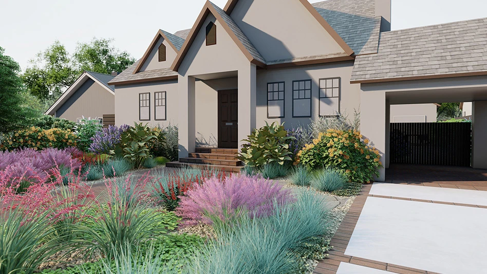 A rendering showing multiple plants in the front yard of a gray house with a garage.