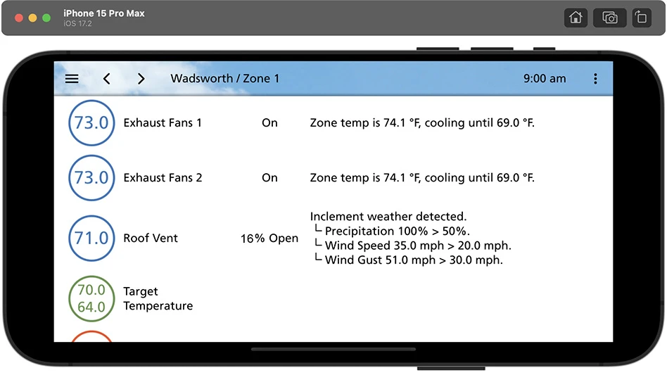 A screenshot of a phone homescreen, oriented horizontally, reads Wadsworth/Zone 1 across a blue bar at the top. In a white rectangle that takes up most of the screen, there are four circles, three outlined in blue and reading 73.0, 73.0 and 71.0 inside respectively and one outlined in green reading 70.0 and 64.0 inside. Text next to each circle reads Exhaust Fans 1 On, Exhaust Fans 2 On, Roof Vent 16% Open and Target Temperature.