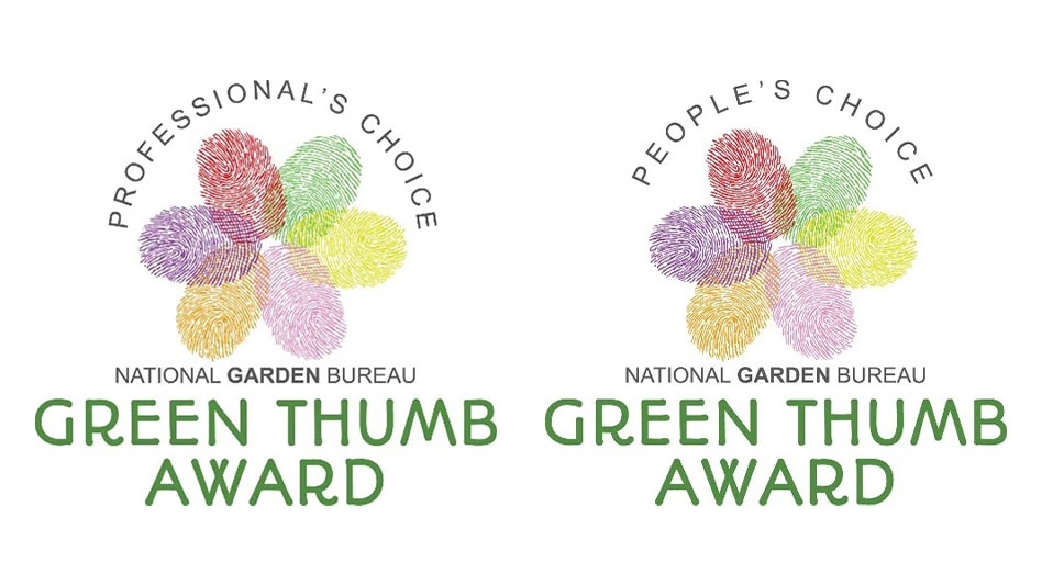 Two logos side by side, with a flower with petals of six fingerprints that are red, green, yellow, pink, orange and blue. Black capital letters below the flower read National Garden Bureau, and green capital letters below that read Green Thumb Award. The only difference between the two logos is the black capital text above the fingerprint flower. The one on the left reads Professional's Choice, and the one on the right reads People's Choice.